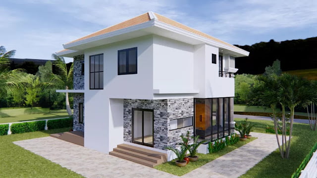 design image of a 2-storey house 11m x 8m 3 bedrooms 2 bathrooms complete with floor plan