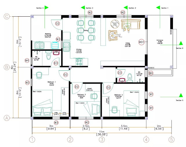 gambar desain rumah kecil 8x11 meter 3 kamar tidur 2 kamar mandi lengkap dengan denah