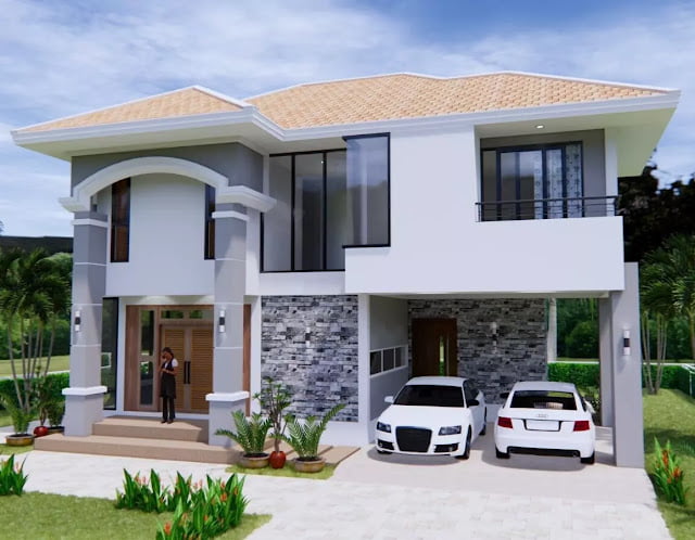 design image of a 2-storey house 11m x 8m 3 bedrooms 2 bathrooms complete with floor plan