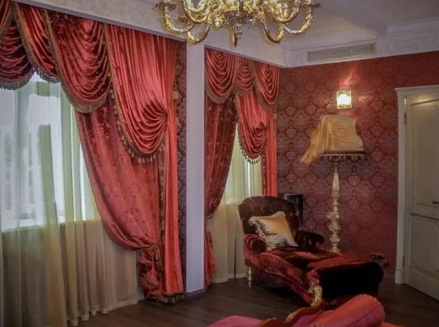 red curtains living room