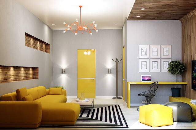 contemporary grey and yellow living room