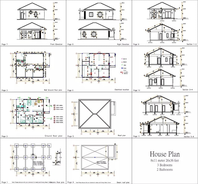 gambar desain rumah kecil 8x11 meter 3 kamar tidur 2 kamar mandi lengkap dengan denah