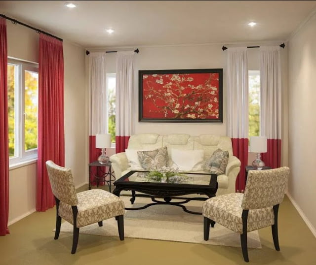 red curtains living room