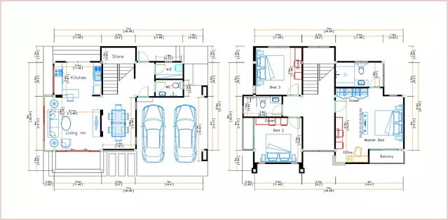 design image of a 2-storey house 11m x 8m 3 bedrooms 2 bathrooms complete with floor plan