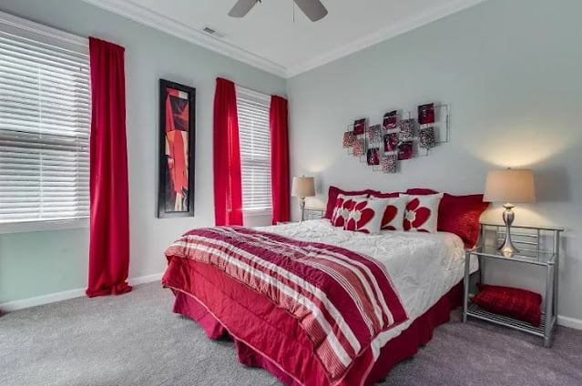 red curtains living room