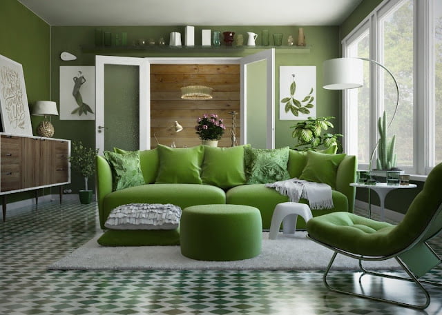 green and gray living rooms