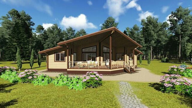 one story finnish house with a veranda