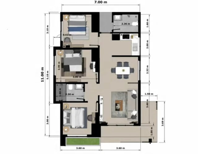 gambar ide desain rumah 7m x 11m 3 kamar