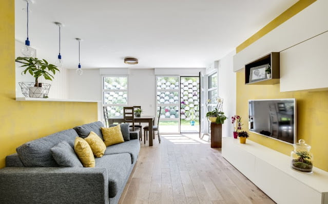 contemporary grey and yellow living room
