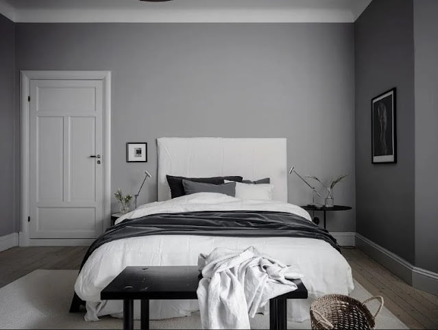 modern cozy grey and white bedroom